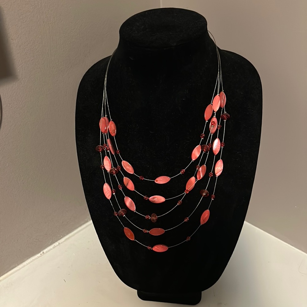 Coral Multi Strand Statement Necklace and Earrings Set